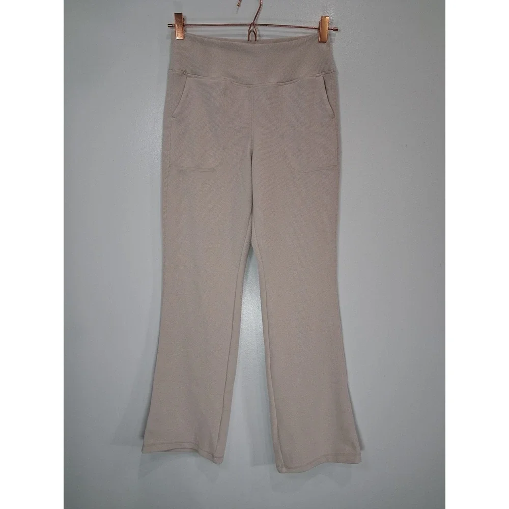 Calvin Klein Womens Beige Waffle Knit Flare Lounge Pants High Rise Pockets M